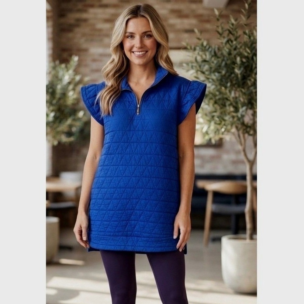 SSYS The Label Quilted Blue 1/4 Zip Ruffled Sleeve Pull Over Dress Size Medium